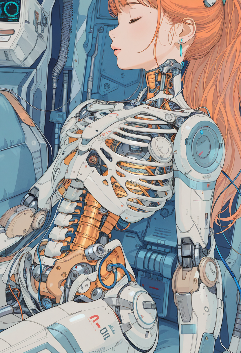 (hypersexualized, erotic, suggestive, intimate, provocative), 1girl, (detailed eyes), (pretty face), (detailed face), photo-realistic, realistic skin, realistic textures, detailed skin, photorealistic, ultrarealistic, 8k, A digital illustration shoot from a profile camera angle about a futuristic female robot with long, flowing orange hair, seated in a futuristic environment. the image also shows intricate mechanical details and a soft, pastel color palette. on the middle of the image, a 1girl, who appears to be in her early twenties, is sitting with her upper body facing the viewer, her eyes closed, and a serene expression on her face. she is wearing a futuristic, white and orange robotic suit with a ribcage-like structure, showcasing her skeletal and mechanical components. the background is filled with blue and metallic panels and cables, giving the image a sci-fi and futuristic feel. the overall aesthetic is reminiscent of modern science fiction, with a focus on the intricate details of the robot's anatomy and mechanical features. 1girl, closed eyes, solo, mechanical parts, ponytail, earrings, long hair, jewelry, rating:sensitive, skeleton, science fiction, ribs, spine, android, cable, joints, score_9, score_8_up, score_7_up