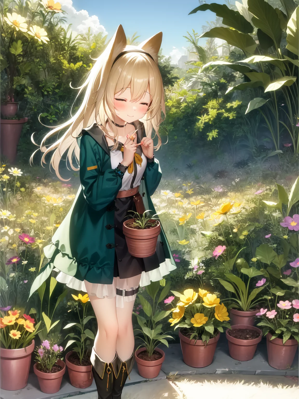 masterpiece, best quality, 1girl, Podenco, a flowerpot, <lora:ptc-000004:1>, holding beaker, standing, closed eyes, little smile, palm-fist greeting,
