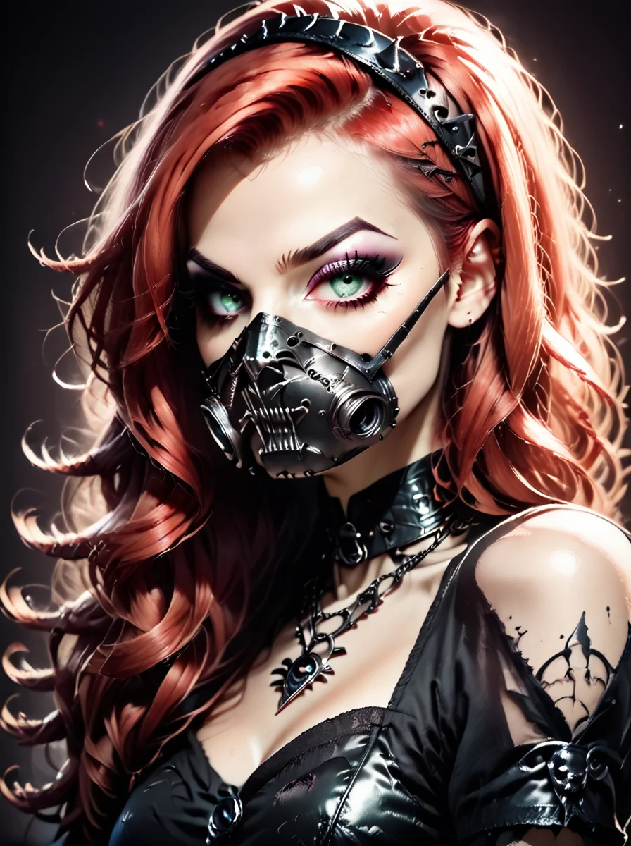 score_9, score_8_up, score_7_up, source_photo,realistic, ,<lora:gothicStyleNextPonyTheReal:0.8>,gothic style clothes,
gothicstylenext, 1girl, solo, mask, red hair, makeup, long hair, jewelry, green eyes, looking at viewer, necklace, eyeshadow, portrait