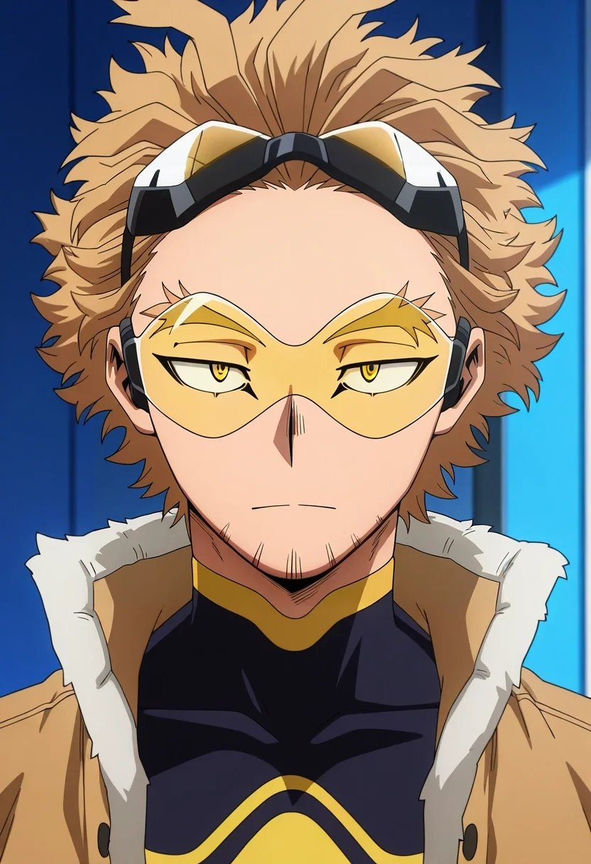 masterpiece, best quality, , anime screencap, , official style, looking at viewer, 1boy, solo, male focus, <lora:keigo_takami_ilxl:0.9>, keigo_takami, hawks \(boku no hero academia\), blonde hair, yellow eyes, short hair, facial hair, stubble, tinted eyewear, goggles, , button-up shirt,