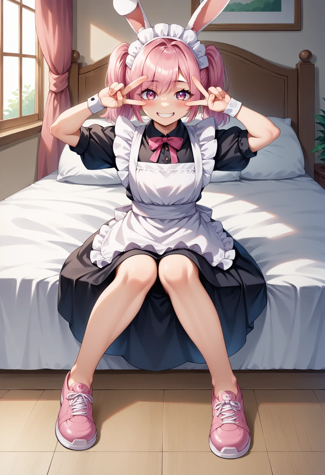 score_9, score_8_up,score_7_up, source_anime, 1girl, solo,
bivgtsav, hands on own face,
<lora:VctryVsgDbl_pdxl_EliPot:1>
pink footwear,rabbit girl,sitting,smile,maid apron,sidelocks,eyes visible through hair,apron,teeth,rabbit ears,short hair,pink eyes,shoes,female focus,full body,blush,pink hair,wariza,maid headdress,twintails,sneakers, on bed, indoors,