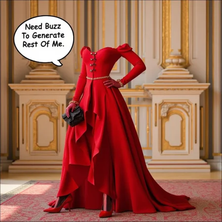 transparent, invisible person, elegant red dress, 1girl, solo, bag, breasts, elegant background, small breasts, long sleeves, handbag, high heels, word bubble reads "Need Buzz To Generate The Rest Of Me."