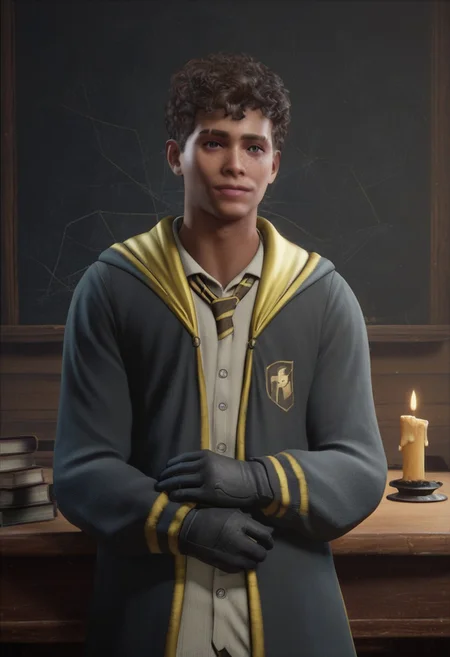 score_9, score_8_up, score_7_up, score_6_up, score_5_up, score_4_up, BREAK realistic, well built, skinny body type, twink, male focus, solo, face focus, good looking face, detailed face, detailed eyes, good looking eyes, perfect face, perfect eyes, 18 yr, soft face, blank expression, perfecteyes, rounder face, 4ng3l face,
light dark skin, a scar on his right eyebrow, two eyebrow, freckless, dark brown curly hair, gaps on left, soft purple colored eyes, good lightning, great lightning,
hogwarts interior, hufflepuff robes, black gloves, looking at viewer, hufflepuff tie,
full body shot, hogwarts interior, classroom, chalkboard, candles on a table,