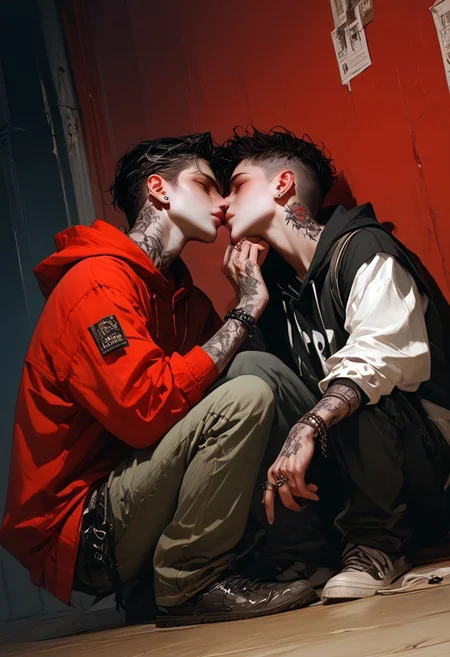 score_9, score_8_up, score_7_up, masterpiece, ultra-realistic 8k, (best quality), (lots of details), (intricate details), (male focus), (unique angle), dutch angle, muted colors, (black palette), (red theme), 2boys, gays, adult, sits on the floor with his back against the wall, (on the verge of kissing:0.7), next to him his backpack, (rings, piercing, bracelets), (tattoo:1.2), masculine, perfect hand, perfect fingers, short disheveled hair, curvy hair, sweatshirt, cargo pants, white sneakres, acoustic guitar, night, metro station, highres textures, Expressiveh, concept art, realistic