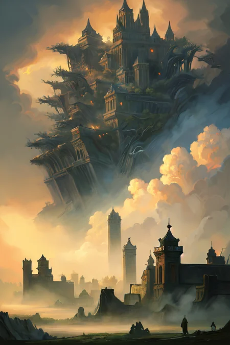 hyperrealism oil painting, ghost of the castle,
__backgroundXL_v15/bg/nature/weather__ and many small clouds, and slightly cloudy, fantasy forest,
an expansive ancient forest, featuring towering oaks, diverse wildlife, a variety of flora,
{dawn|dusk|night},
 <lora:more_details:0.3>,
 <lora:EnvyFantasyMix05:0.3>,
 <lora:ghost:0.7> guiguai,
 <lora:FantasyRuins:0.3> FanRu,
 <lora:USNR STYLE_XL_loha:0.3> usnr,