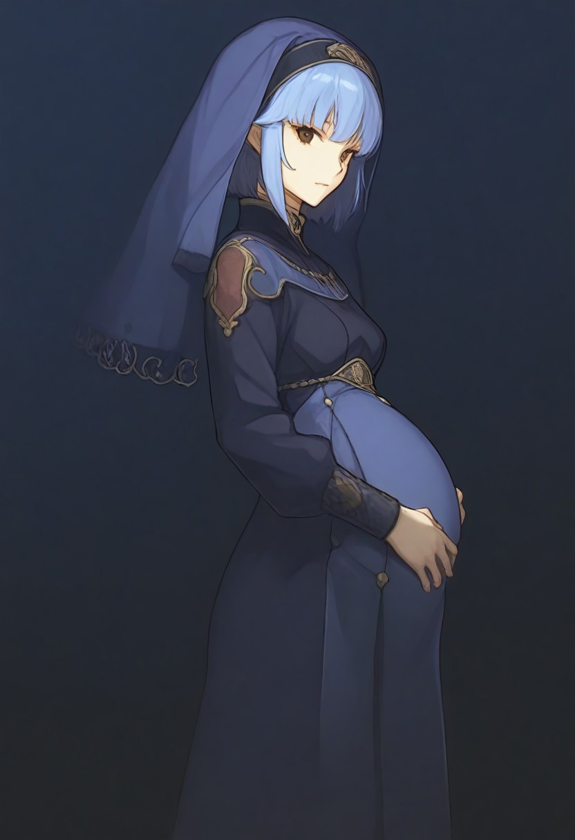 score_9, score_8_up, score_7_up, detailed, 
, clothed, pregnant, 
<lora:FE_Echoes_Shadows_of_Valentia_-_ArtStyle:1>, FE-Sh4d0ws, 1girl, solo, looking at viewer, short hair, simple background, long sleeves, white background, dress, brown eyes, blue hair, standing, , , , veil, masterpiece, best quality, amazing quality, masterwork, cinematic light, harsh shadows, light and shadows, perfect composition, sidelocks,