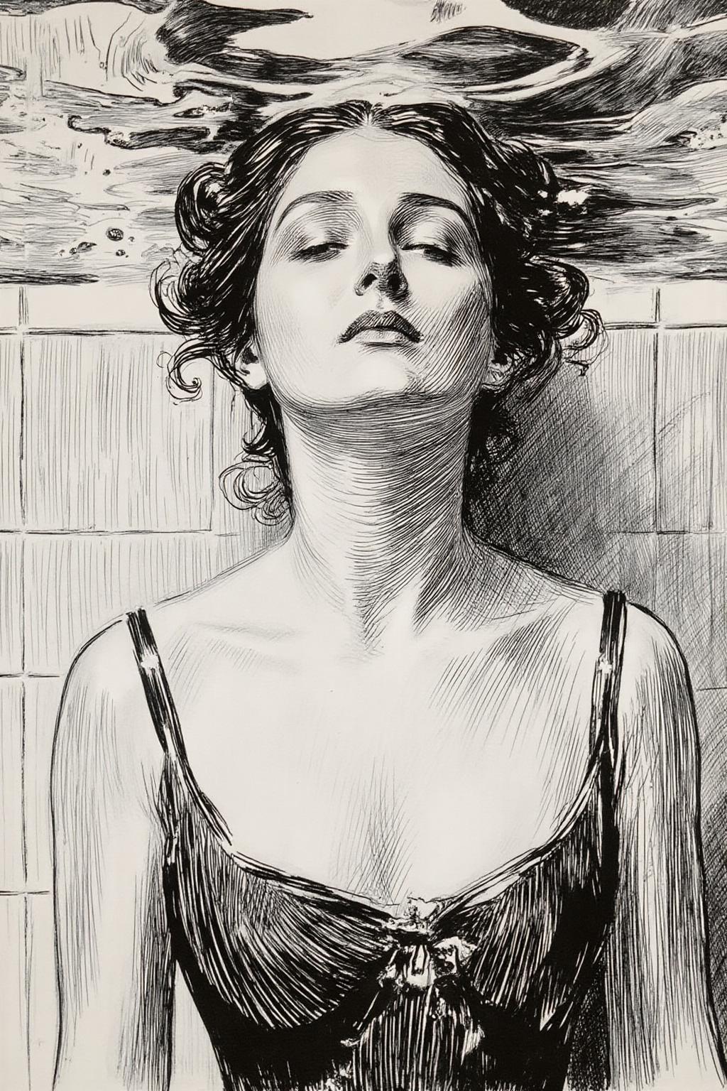 charlesdgibson1 color illustration.
Closeup shot of a serene and artistic underwater scene featuring a woman partially submerged in water. She is wearing a strapless one piece bathing suit. The water surface gently ripples above her head, creating intricate patterns of light and shadow on her face and body. Her eyes are closed, and her expression is peaceful and contemplative. The background is a tiled surface, blurred by the water, adding a sense of calm and isolation to the scene. The overall color palette is muted, with soft grayscale tones that enhance the tranquil, reflective atmosphere. The image captures the ethereal beauty of light and water interacting with human form, evoking a sense of introspection and quietude. <lora:charlesdgibson1_cap_d8a4:1.0><lora:840184968765320990:0>