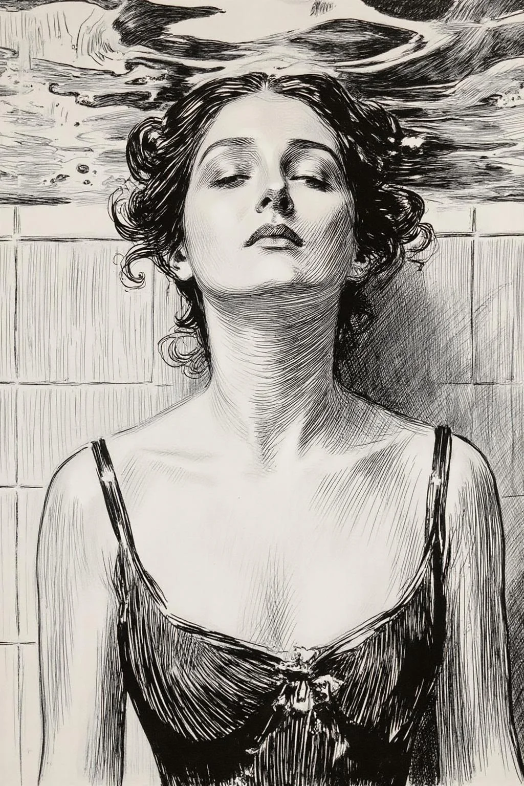 charlesdgibson1 color illustration.
Closeup shot of a serene and artistic underwater scene featuring a woman partially submerged in water. She is wearing a strapless one piece bathing suit. The water surface gently ripples above her head, creating intricate patterns of light and shadow on her face and body. Her eyes are closed, and her expression is peaceful and contemplative. The background is a tiled surface, blurred by the water, adding a sense of calm and isolation to the scene. The overall color palette is muted, with soft grayscale tones that enhance the tranquil, reflective atmosphere. The image captures the ethereal beauty of light and water interacting with human form, evoking a sense of introspection and quietude. <lora:charlesdgibson1_cap_d8a4:1.0><lora:840184968765320990:0>
