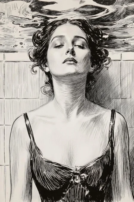 charlesdgibson1 color illustration.
Closeup shot of a serene and artistic underwater scene featuring a woman partially submerged in water. She is wearing a strapless one piece bathing suit. The water surface gently ripples above her head, creating intricate patterns of light and shadow on her face and body. Her eyes are closed, and her expression is peaceful and contemplative. The background is a tiled surface, blurred by the water, adding a sense of calm and isolation to the scene. The overall color palette is muted, with soft grayscale tones that enhance the tranquil, reflective atmosphere. The image captures the ethereal beauty of light and water interacting with human form, evoking a sense of introspection and quietude. <lora:charlesdgibson1_cap_d8a4:1.0><lora:840184968765320990:0>