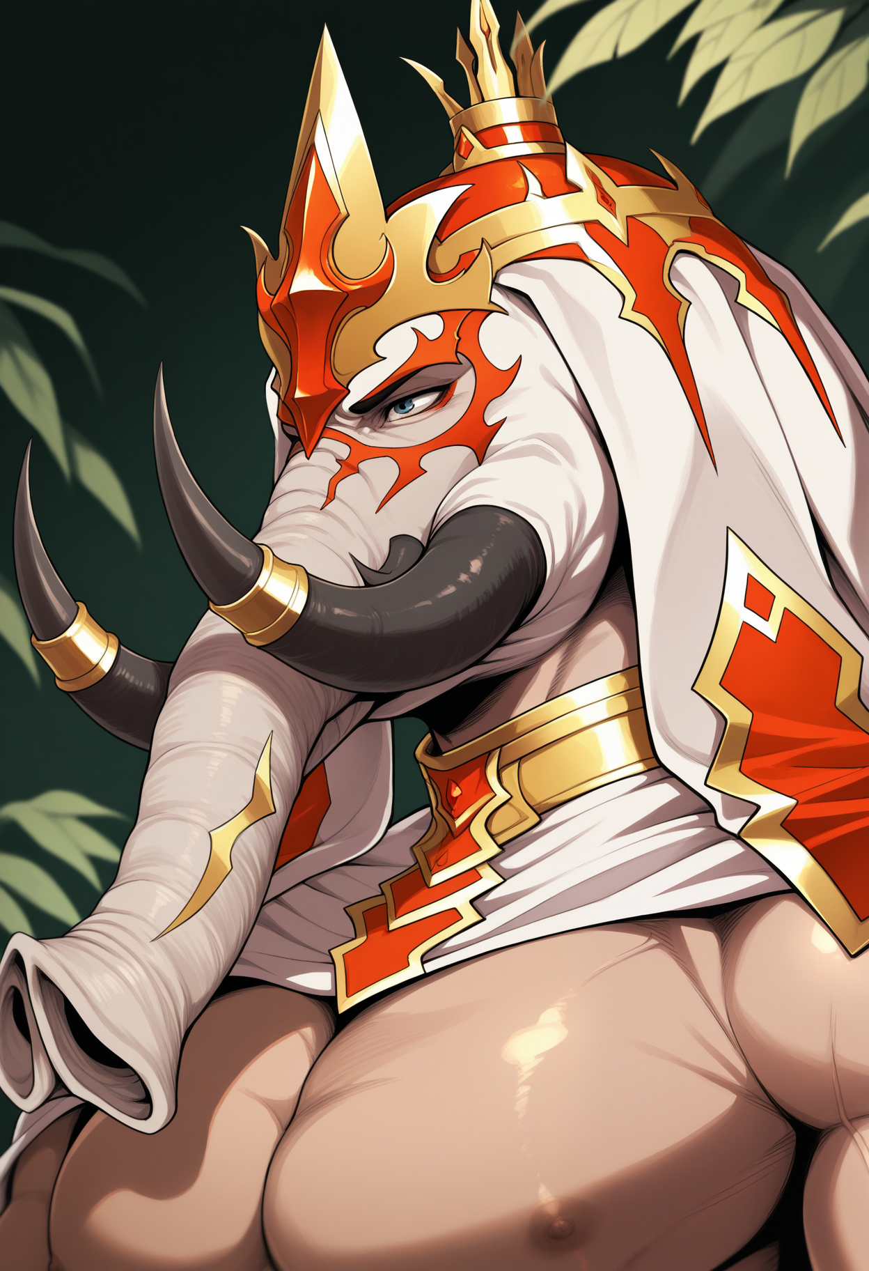 masterpiece,best quality,amazing quality, 1boy, solo, sh0t3n, mature male, cape, mask, elephant trunk,  blue eyes, two black tusks, crown, close up, side angle, smirk,