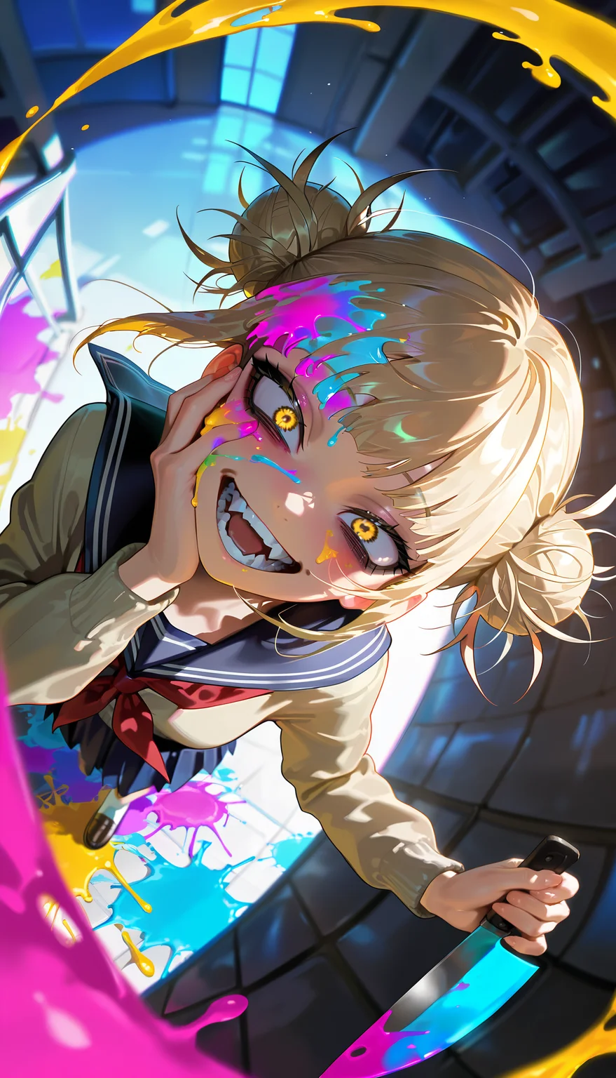 masterpiece, best quality, amazing quality, very aesthetic, absurdres, newest, scenery, 1girl, toga himiko, teeth, open mouth, blood on face, smile, double bun, crazy eyes, holding knife, hand on own cheek, upper body, school uniform backlighting, from above, dutch angle, , close-up, photorealistic, dutch angle, (colorful), from above, (((paint splatter))),fisheye, , masterpiece, best quality, amazing quality, very aesthetic, absurdres, newest, scenery, volumetric lighting