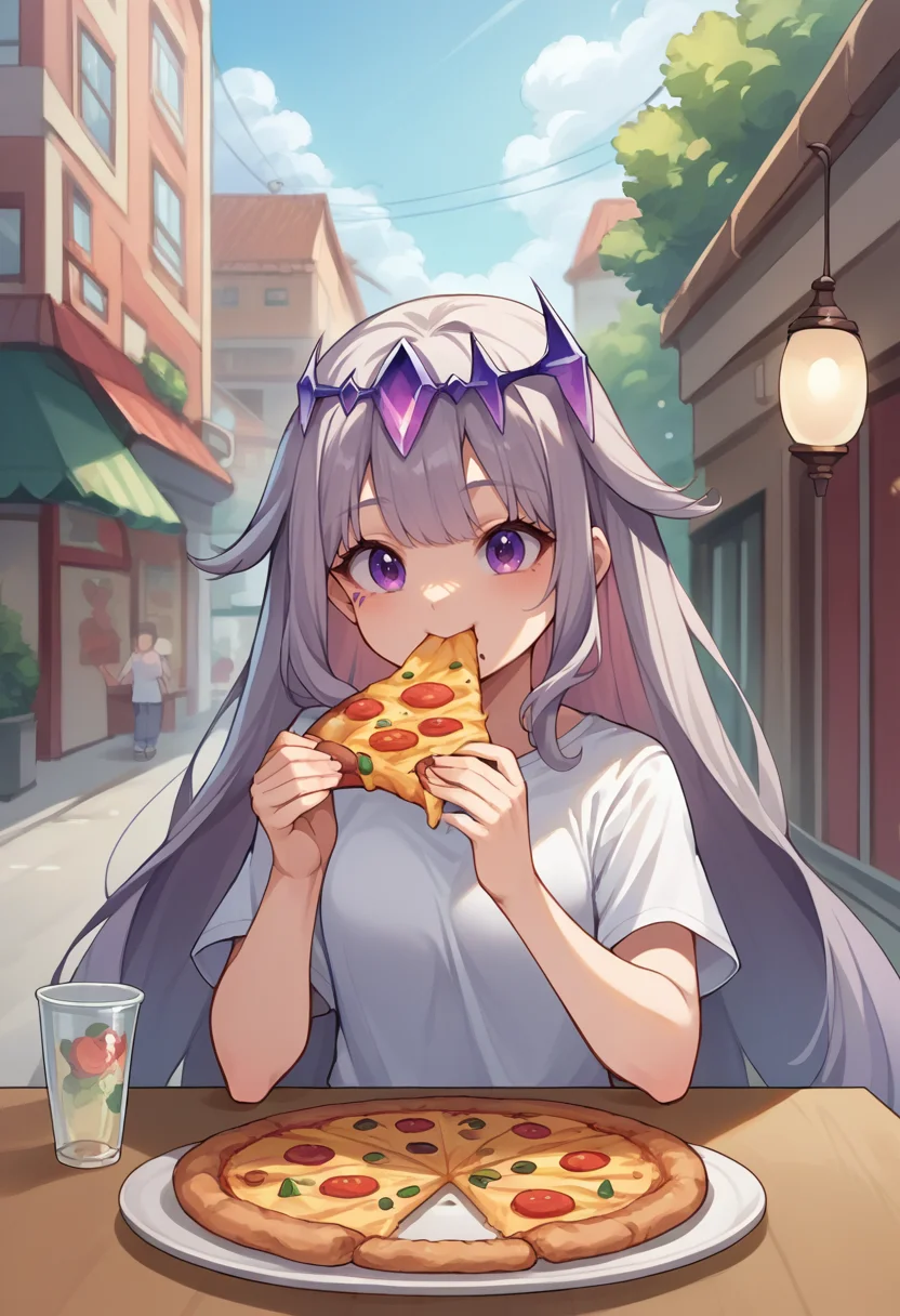 score_9, score_8_up, source_anime, 1girl, solo, KosekiBijou, long hair, hair flaps, floating headpiece, t-shirt, eating, table, upper body, pizza, happy, lamp, outdoors, street, lamppost, <lora:ChamKosekiBijouPonyXL:1>