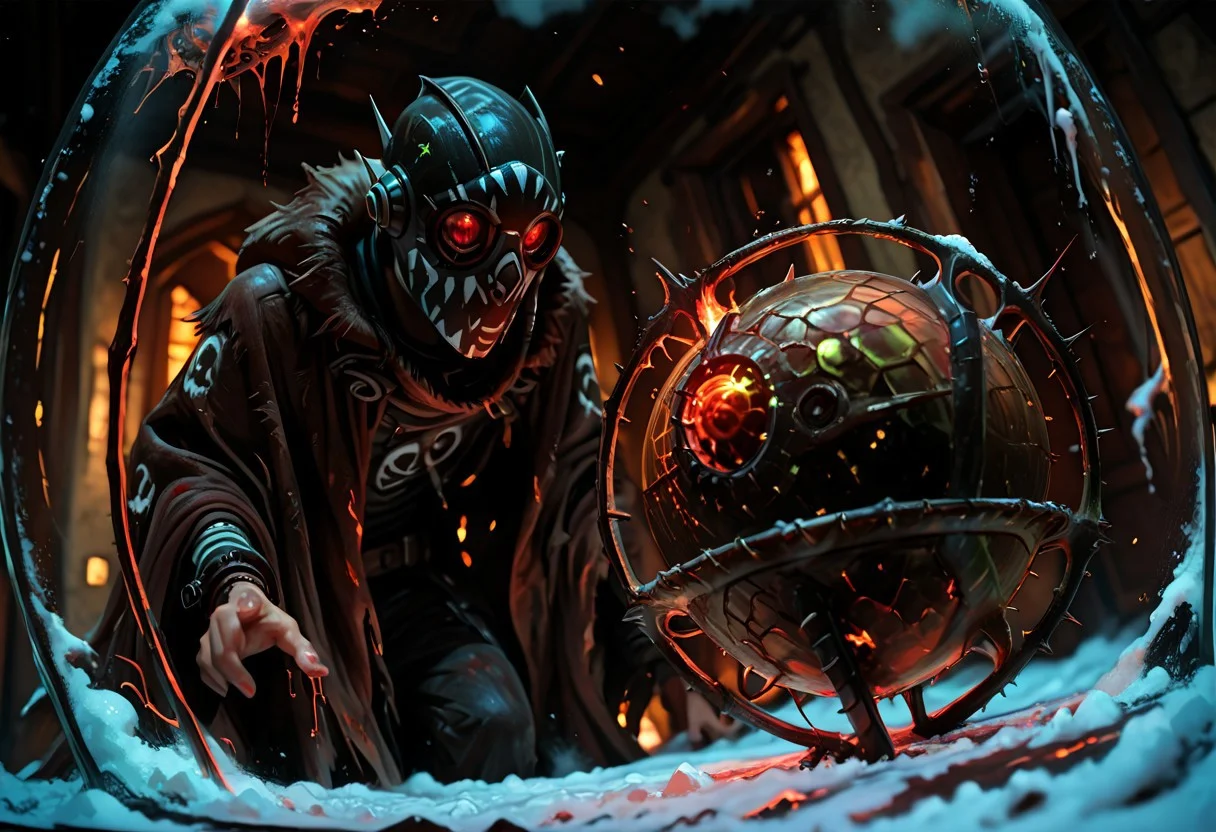 masterwork, masterpiece, best quality, wide angle, scene, depth of field, high detail, deep colour, high contrast, highly detailed, epic cinematic concept art, (octane render:1.6), (3d shading:1.6), dynamic lighting, (Dreamlike surrealist painting:1.8),
(the world is burning (inside a glass sphere:1.9) :1.5), watched by a demon, surreal female demon, red eyes, swirling cloak turning into threatening clouds,
snow, glowing footprints, burning tears scorch the land, eldritch, horror, gdv2-illu,