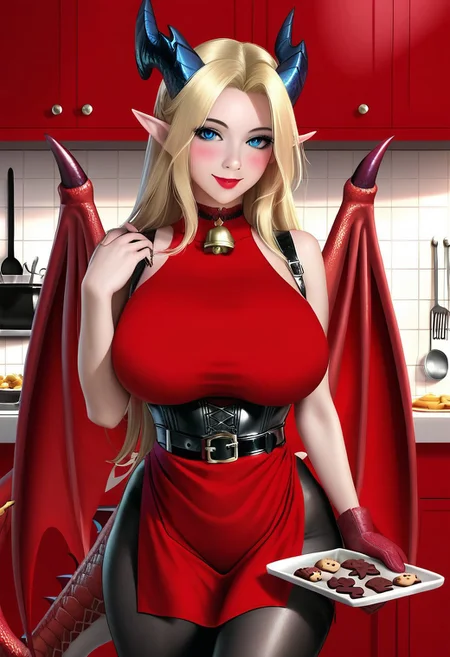 1girl, dragon girl, beatiful woman, blue eyes, blonde hair, long hair, black dragon horns, detailed face, beatiful face,semi-pointed ears, (( dragon wings)) ,dragon tail ,lipstick, large breasts,choker bell , ruanyi0892,belt,black pantyhose,high-waist skirt,sleeveless sweater,red sweater,lora:baking-cookies-ponyxl-lora-nochekaiser:1>, baking cookies, looking at viewer, blush, seductive smile, gloves, holding, frills, food, indoors, apron over clothes, chocolate, cookie, oven mitts,, , (indoors, kitchen), ,depth of field,focused subject,HD, high detail, 8k, <lora: pony /twilight_style: 0.8 > concept art, realistic ,<lora:pony/ expressionh:0.8 >