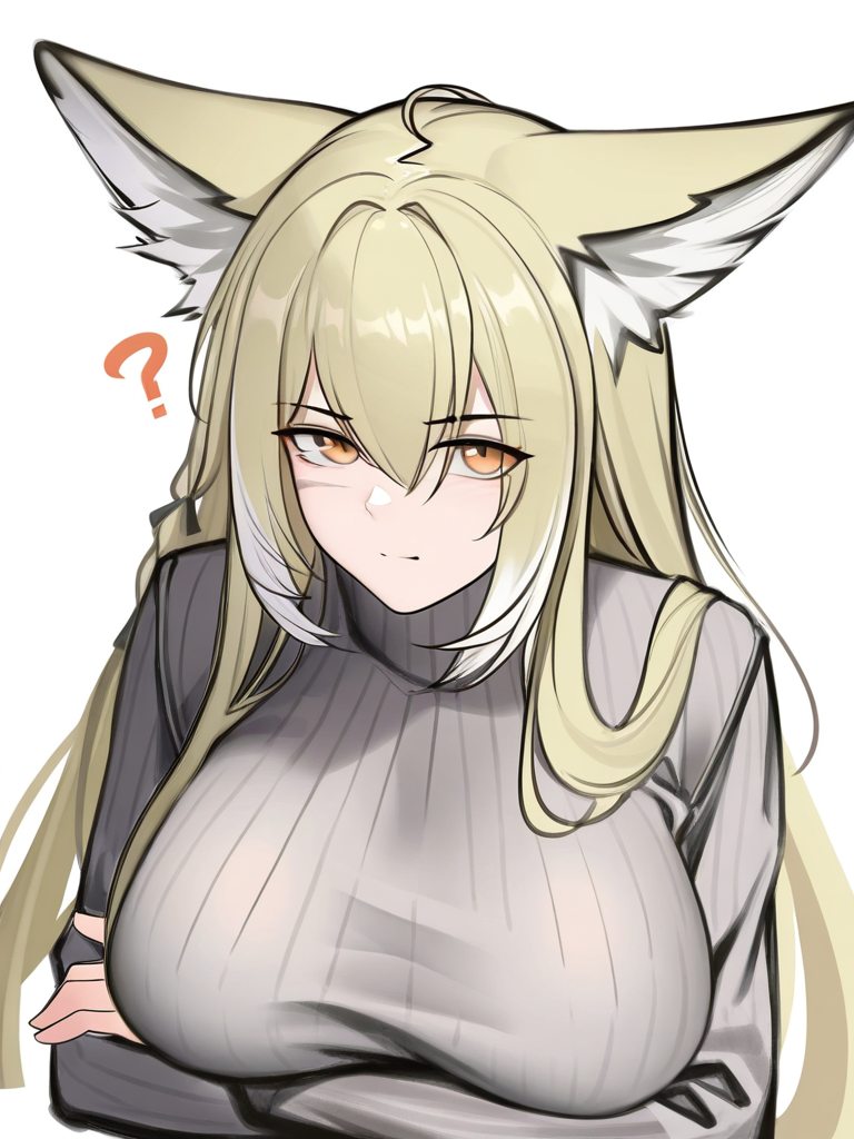 masterpiece, best quality, very aesthetic, highres, absurdres,(miurahha, bacius, ririko \(fhnngririko\):0.4), <lora:vulpisfoglia_v2:1>,scar on cheek, turtleneck sweater, grey sweater, simple background, ?, white background, split mouth, long sleeves, sketch, alternate costume, vulpisfoglia (arknights), 1girl, solo, crossed arms, looking at viewer, arms under breasts, closed mouth