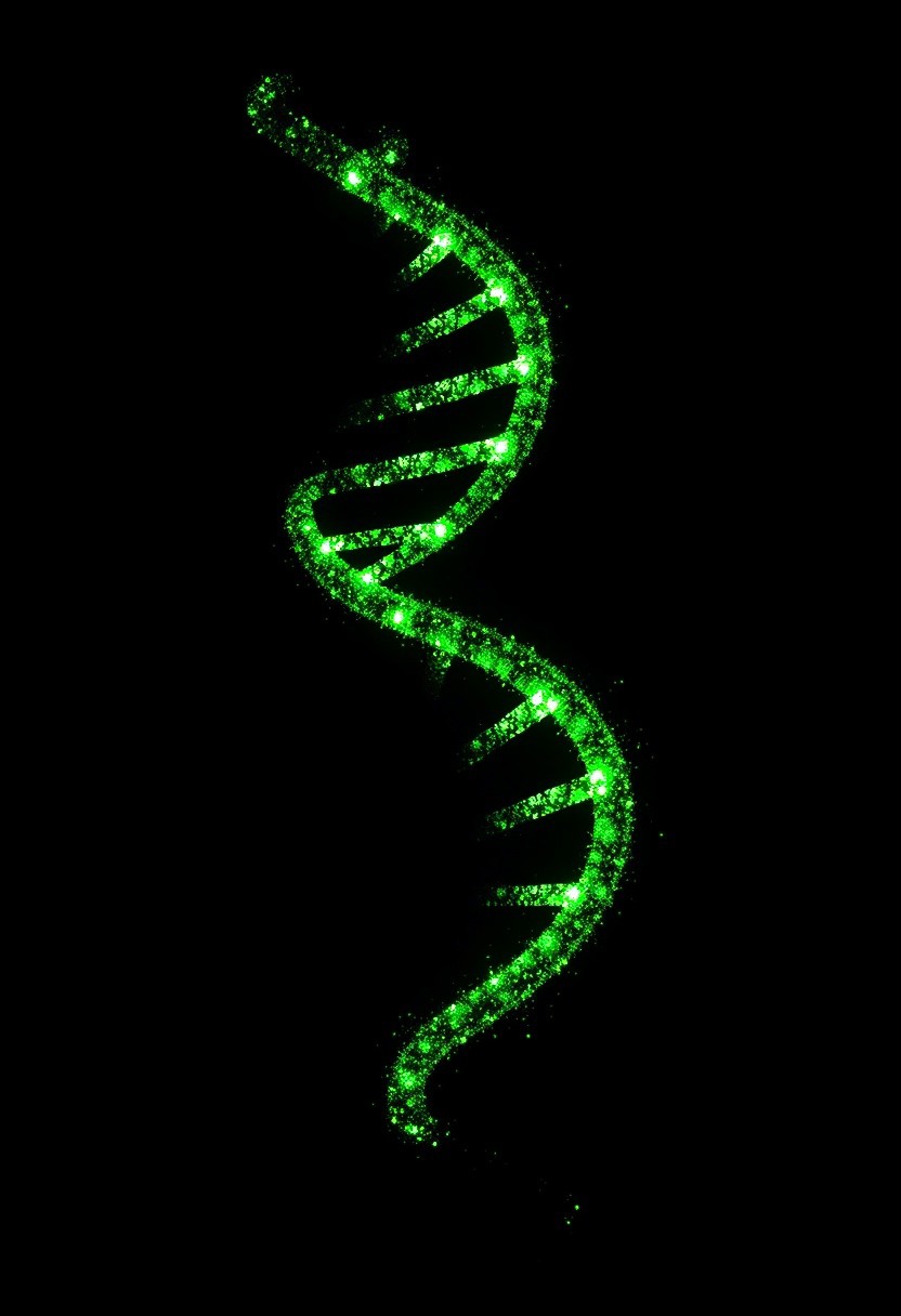 Minimalistic particle silhouette of a diagram of DNA Helix composed outlines of glowing green particles and digital noise. Simple and elegant, designed for icon-style usage. Soft glow dispersed light particles, subtle pixelation, and a smooth black background with inner image. High contrast, clean edges, and abstract form