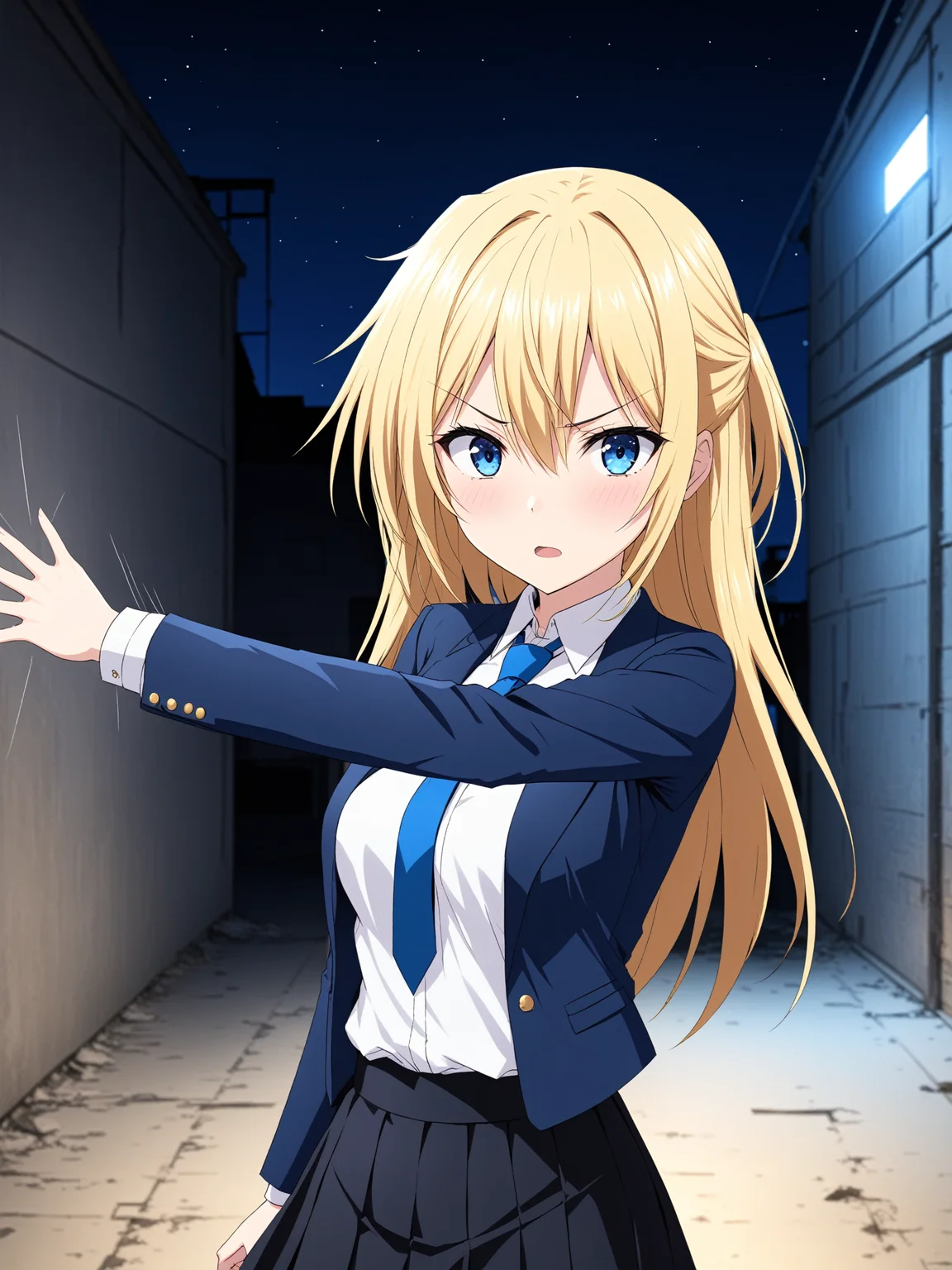 masterpiece, best quality,
comic,sketch,
1girl,solo,
twisted torso,
<lora:gostlapped.sdxl.v3:0.3> gostlapped, beenhurt, upper body, open hand,
motion blur, motion lines,
abandoned warehouse,
dark,night,
<lora:heronever_astel.sdxl.v1:0.8> astel, stdoutfit, white shirt, black skirt, blue jacket, blue necktie,