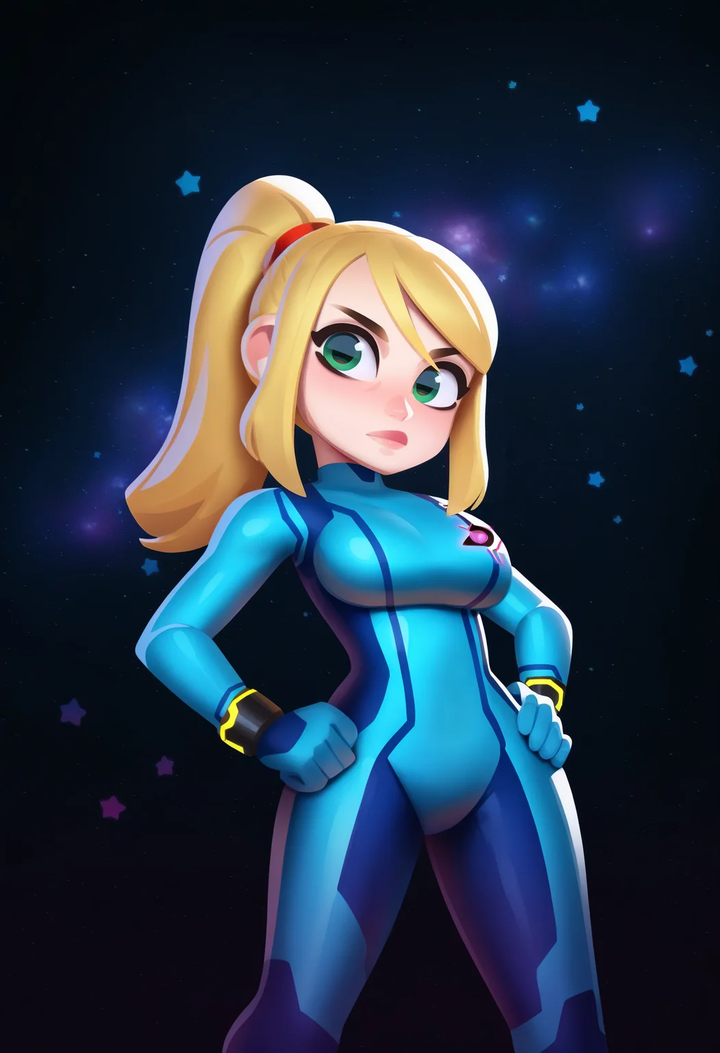 best quality, amazing quality, very aesthetic, absurdres,
BREAK
(black background, galaxy background, starry background:1.8)
1girl, samus aran, green eyes, blonde hair, medium hair, ponytail, sidelocks,
blue bodysuit,
looking at viewer, standing, hands on hips, <lora:TomacoSunderlandNoobLocon_byKonan:1>