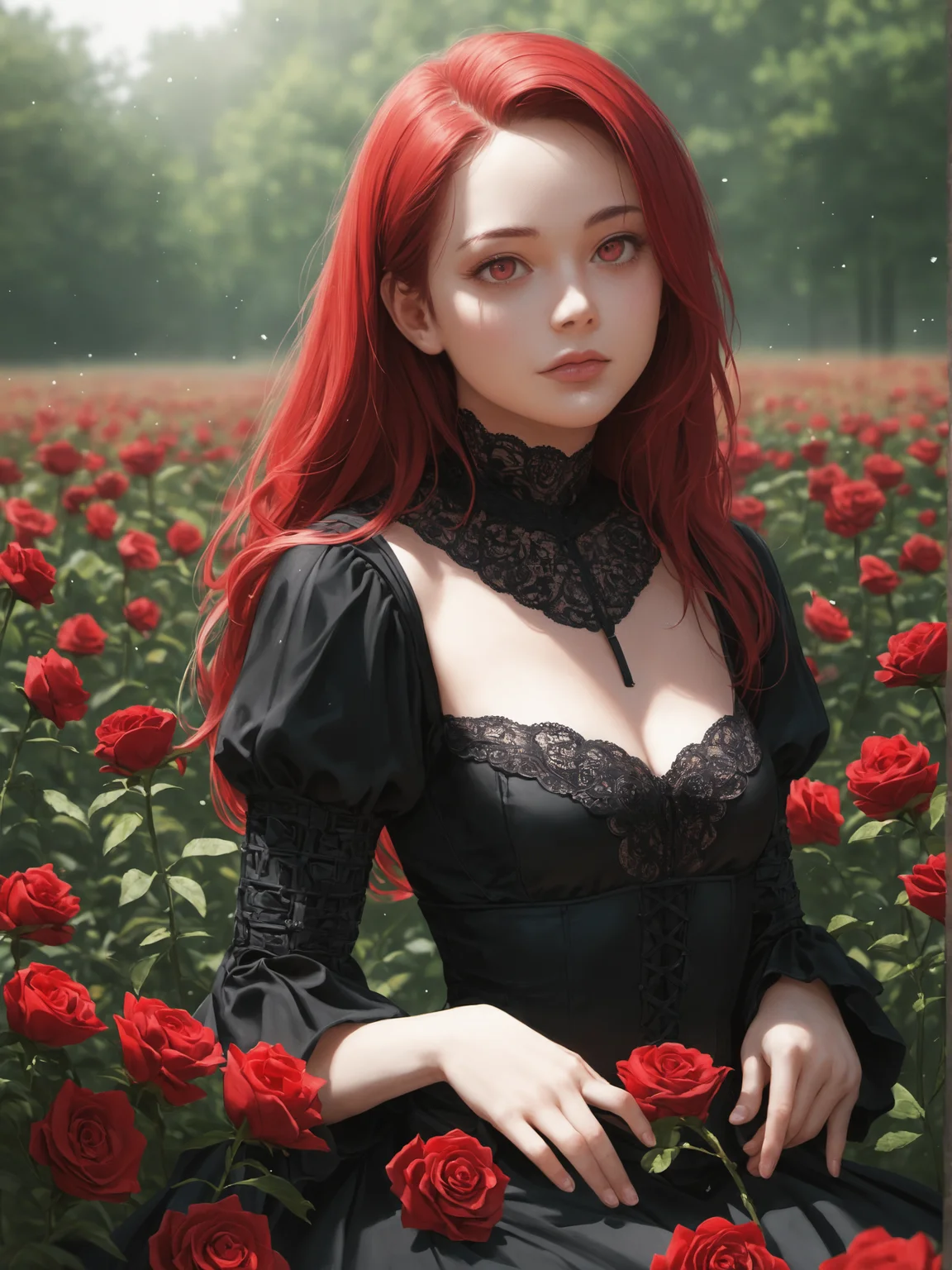 (source_photo, score_9, score_8_up, score_7_up, score_6_up)
50mm lens
aperture opening of f/4.0
(gothic aesthetic) 1girl, (red long hair, crimson eyes), detailed, crimson light, field of red roses, black dress light particles, sitting on roses, outdoors, sunlight 
\\ Made with ONE FOR ALL checkpoint by Chaos Experience @ https://civitai.com/user/ChaosExperience/ \\