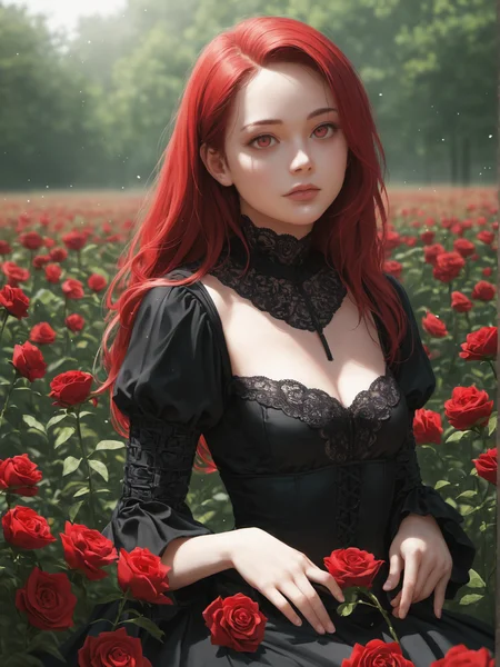 (source_photo, score_9, score_8_up, score_7_up, score_6_up)
50mm lens
aperture opening of f/4.0
(gothic aesthetic) 1girl, (red long hair, crimson eyes), detailed, crimson light, field of red roses, black dress light particles, sitting on roses, outdoors, sunlight 
\\ Made with ONE FOR ALL checkpoint by Chaos Experience @ https://civitai.com/user/ChaosExperience/ \\