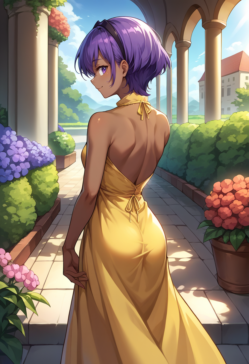 score_9, score_8_up, source_anime, HassanOfSerenity, dark-skinned female, purple hair, purple eyes, short hair, black hairband, from behind, yellow sundress, garden, day, sunshine, smile, looking back, <lora:ChamHassanOfSerenityPonyXL:1>