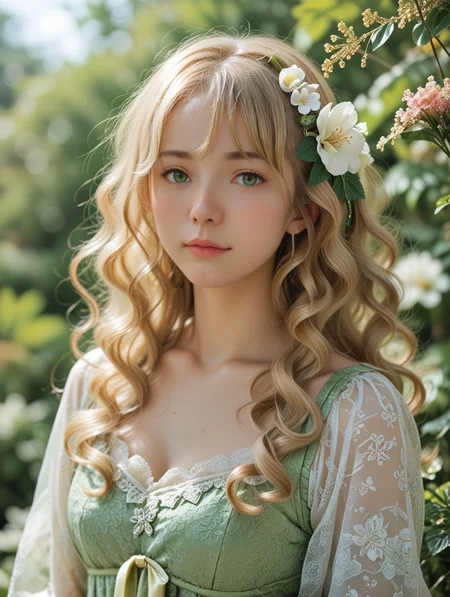 score_9, score_8_up, score_7_up,source_real,real skin,
BREAK
1girl, portrait, blonde hair, green green hign neck dress, floral backgrtound, looking at viewer, long hair, bangs, wavy hair, flower in hair, nature,