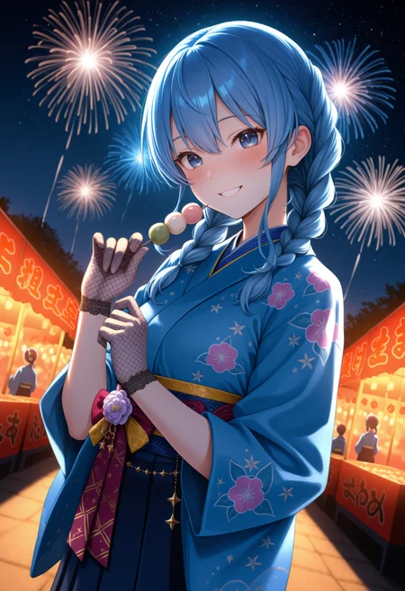 masterpiece, best quality, 1girl, solo, Su1se1Kmn, blue eyes, blue hair, twin braids, blue kimono, flower print, sash, hakama skirt, fishnet gloves, dango, holding dango, outdoors, night, starry sky, aerial fireworks, festival, smile, blush, looking at viewer, dutch angle, <lora:ChamHoshimachiSuiseiNoob:1>