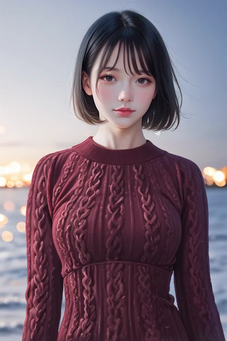 (photorealistic), masterpiece, best quality, newest, absurdres, highres, realistic human skin texture,
masterpiece, 1girl, 20 years old, 8k, hd, beautiful girl, black hair,
pale skin, beautiful face, beautiful woman, sweater, looking at viewer,
fading backlit background,amazing depth,double exposure,
intricately detailed,bokeh, realistic,