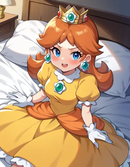 score_9, score_8_up, score_7_up, source_anime,
princessdaisy, <lora:princess-daisy-ponyxl-lora-nochekaiser:1>,
princess daisy, blue eyes, long hair, orange hair,
crown, daisy, dress, flower, gem, gloves, orange dress, puffy short sleeves, puffy sleeves, short sleeves, white gloves,
indoors, bed, bed room, on side, blush, drunk,
looking at viewer, cowboy shot, dutch angle,
