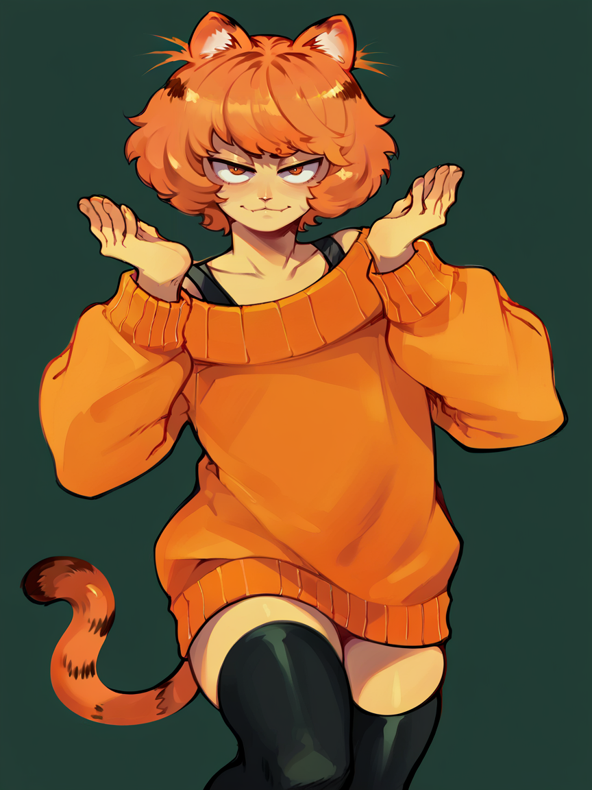 score_9, score_8_up, score_7_up, score_6_up, score_5_up,  <lora:HCXLP:1> hc,  <lora:garfieldXLP:1> garfield, animal ears, solo, 1boy, tail, sweater, orange hair, short hair, thighhighs