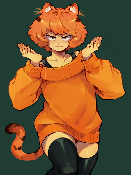 score_9, score_8_up, score_7_up, score_6_up, score_5_up,  <lora:HCXLP:1> hc,  <lora:garfieldXLP:1> garfield, animal ears, solo, 1boy, tail, sweater, orange hair, short hair, thighhighs