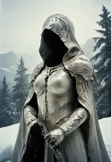 style of Guido Argentini, Capture a stunning Closeup of an Solid enforced midsummer witch upon a hill, from a mushroom in an eerie snowy Mountain beautiful Nature snow tomb, feudal shinobi armored white Spirit wearing hooded Linen cape designed By Studio ghibli, masked with a Bright translucent seastone Mask inspired By HR Giger and Franco Fontana, very detailed and vibrant outworn but colorful, She is wearing armor made entirely Made of marbles, both liquid and hard. The marbles are meticulously laid over her arms and limbs, securely fastened with ancient leather straps. , wielding colorful two-toned giant sword,
very detailed, Shot in UHD