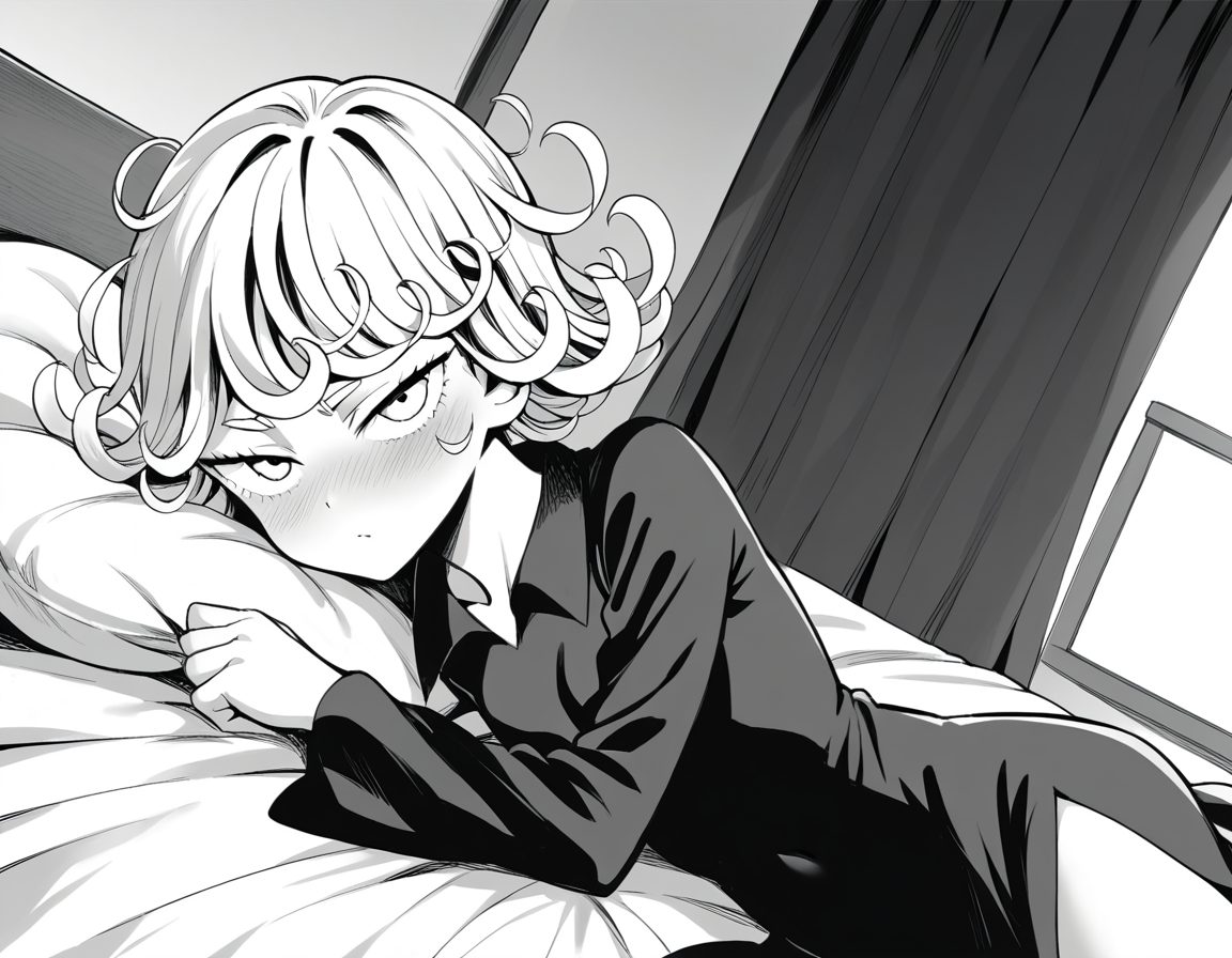 score_9, score_8_up, score_7_up, source_anime,
tatsumaki, <lora:opm-tatsumaki-manga-ponyxl-lora-nochekaiser:1>,
tatsumaki, short hair, curly hair, monochrome, greyscale,
long sleeves, dress,
indoors, bed, bed room, on side, blush, drunk,
looking at viewer, cowboy shot, solo, dutch angle,