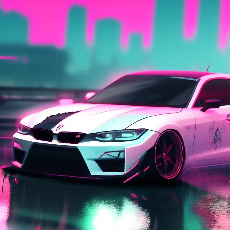 a photo of a car driving down a wet road at night with a city in the background and a pink light on the side, art by carstestv3