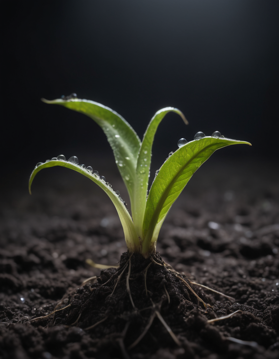 (Emerging alien seedling:1.3), (textured carapace:1.1), glistening wet surface, intertwined root-like appendages, (dark soil:1.2), (low-key lighting:1.2), mysterious atmosphere, alien flora concept, macro photography style, high-resolution details, Nikon Z9, 1/125s, f/8, ISO 100, cinematic depth of field, moisture droplets, eerie ambiance, otherworldly life form, stark contrast, prime lens clarity,