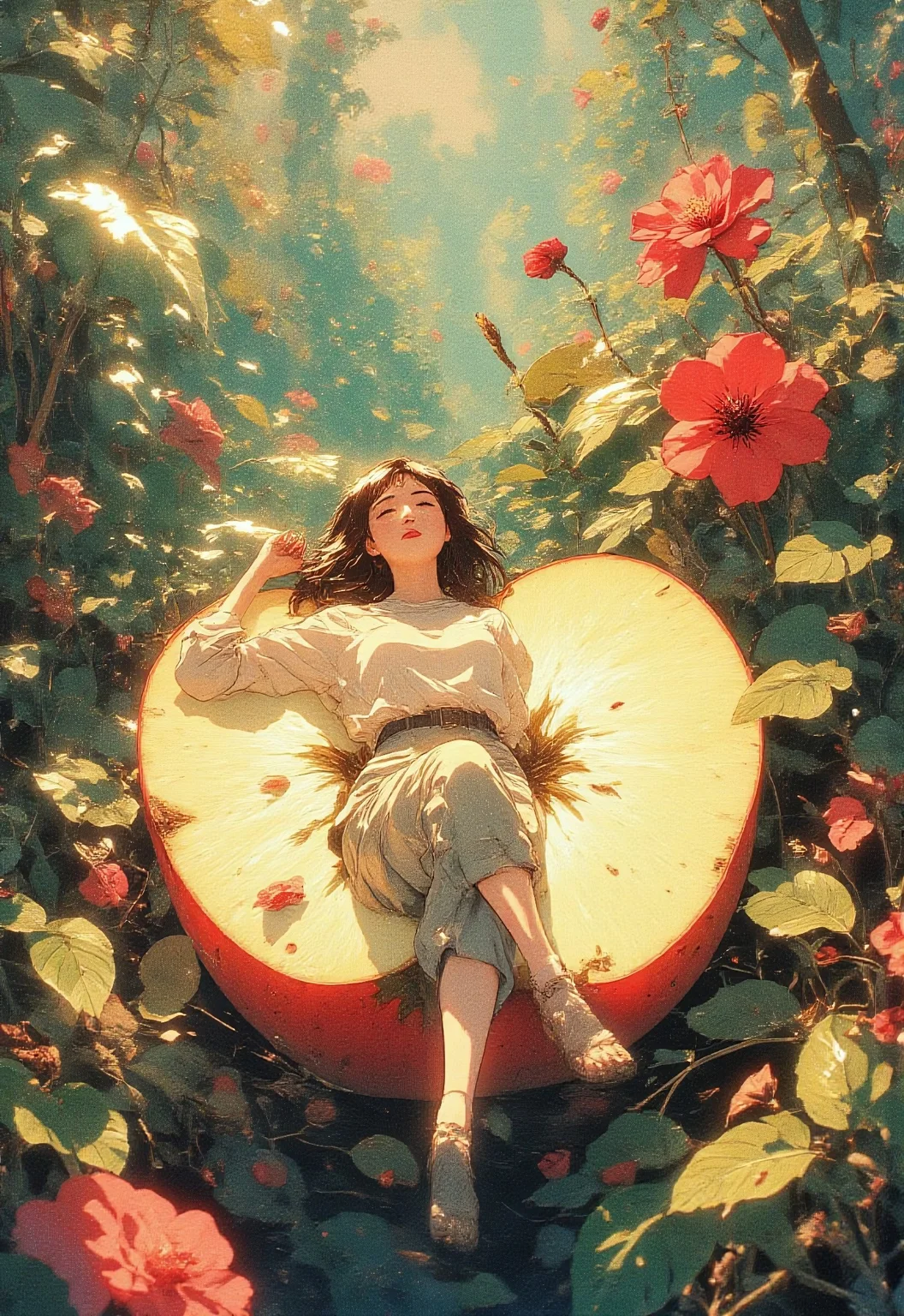 A young girl floats peacefully on a giant apple slice, surrounded by lush tropical plants and red flowers. The scene is dreamy, soft, and surreal, blending anime aesthetics with botanical art. The lighting is warm and golden, with delicate shading and intricate details in the foliage