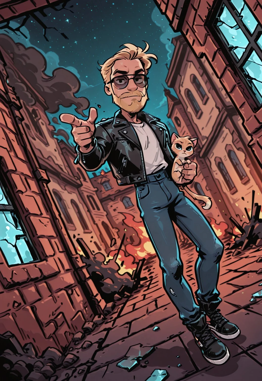 brick building, starry sky, night sky, smoke, 1boy, blond hair, short beard, sunglasses, leather jacket, white tshirt, jeans, black sneakers, (holding a kitten,) broken window, shards of glass, burning building, fire in window, dynamic angle, finger gun, looking at viewer, shtrip