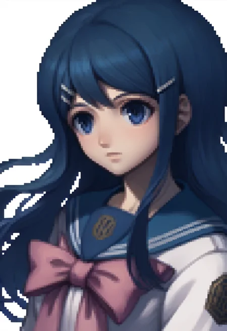 score_9, score_8_up, score_7_up, source_anime, BREAK 1girl, <lora:zs_FEDSPortraitsXL:1> fedsportraits, portrait, white background, <lora:SayakaDR-pdxl:1> defSaya, long hair, hairclip, school uniform, white shirt, sailor collar, pink bow, serafuku