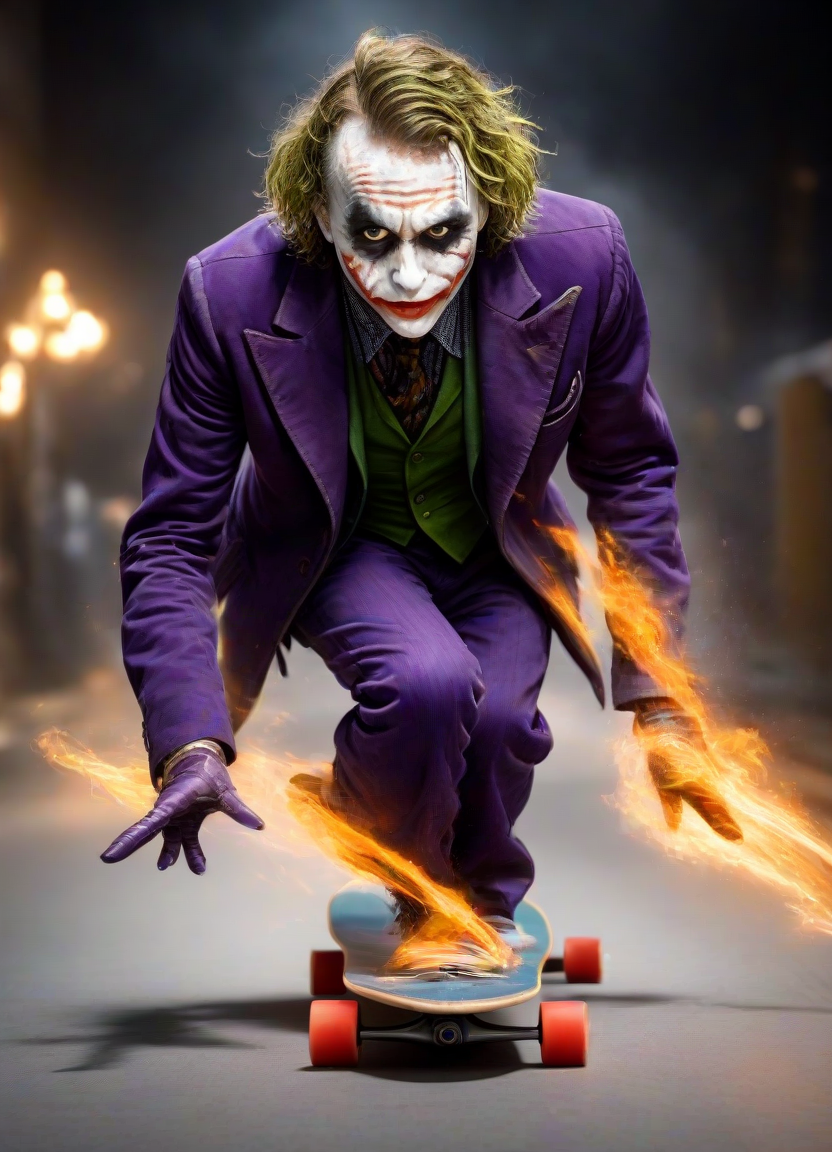 <lora:PE_Joker_DarkKnight:0.8> PEJoker, joker,
on skakeboard, doing a skateboard trick,
motion blur, speed lines, fire trail, light trail,
masterpiece, high resolution, octance 4k, high detail,