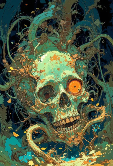 Niji artstyle, A deep interconnected network of slime fungus colonies in top of a old rusty skull sign , sign resting in between fallen leaves on ground