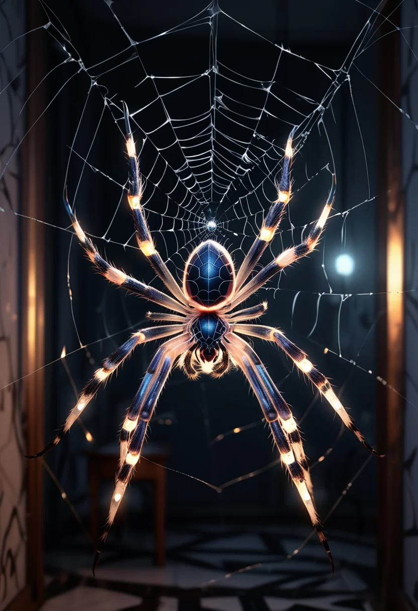 (medium full shot) of (radiant spider) with a white bulky frame with sleek design, medium size, thick legs with sharp claws, glowing web with geometric patterns, jeweled abdomen, located in a spooky house, with cobweb-covered corners, dark hallways, flickering lights, and a chilling feel, during twilight, ,Masterpiece,best quality, raw photo, realistic, very aesthetic