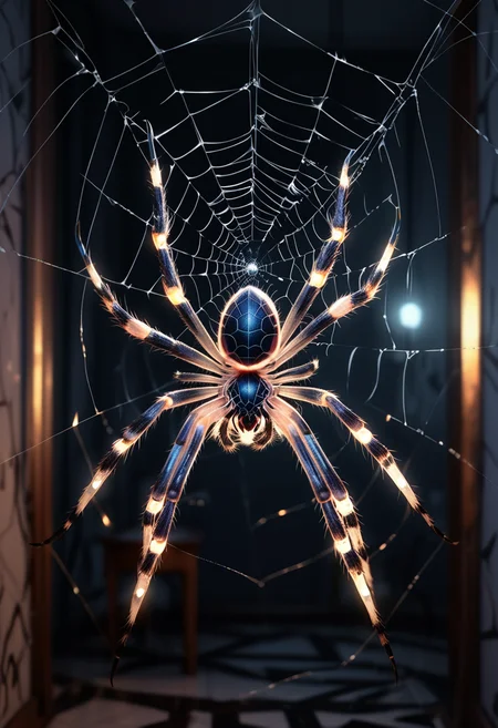 (medium full shot) of (radiant spider) with a white bulky frame with sleek design, medium size, thick legs with sharp claws, glowing web with geometric patterns, jeweled abdomen, located in a spooky house, with cobweb-covered corners, dark hallways, flickering lights, and a chilling feel, during twilight, ,Masterpiece,best quality, raw photo, realistic, very aesthetic
