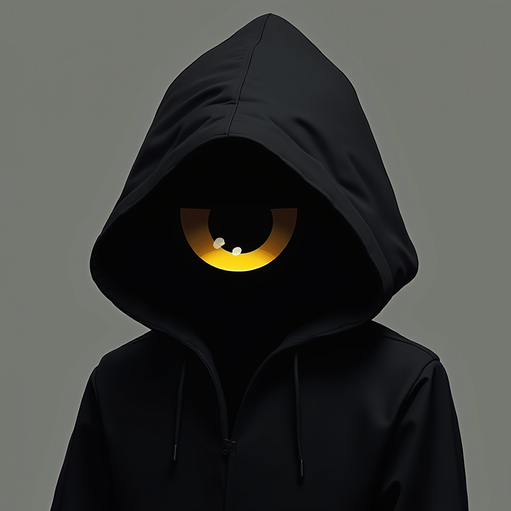 abstract artstyle, logotype containing black and grey colors, yellow eye hiding in the shadow of the hood, hood is tottaly black except eye that emerging from it