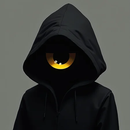 abstract artstyle, logotype containing black and grey colors, yellow eye hiding in the shadow of the hood, hood is tottaly black except eye that emerging from it
