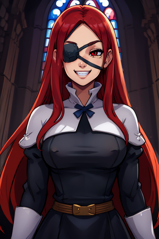 Marietta, right eyepatch, long red hair, grin, red eyes,   standing, upper body, 
MarNun, blue roped belt,long sleeves,black dress, 
fantasy, church, 
(insanely detailed, beautiful detailed face,  masterpiece, beautiful detailed  eyes, best quality) 
 <lora:Marietta-10v2:0.7>
