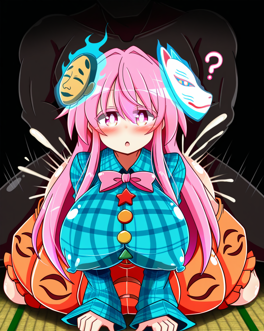 1girl, solo, hata no kokoro,fox mask,pink hair,pink eyes,blue plaid shirt,pink bow,orange bubble skirt