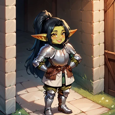 1girl, black hair, ponytail, sharp teeth, enormous lips, medieval armor, closeup, goblin woman, green skin, medieval clothes, large smile, (boisterous smile, mischievous smile), Expressiveh, yellow eyes, very muscular, pointed ears, female goblin, Goblin, solo, long hair, gremlin energy, very short woman, mega ponytail, fully clothed, short stature, shortstack, ((armored boots, boots, shoulder armor, armor, pants, greaves, gloves, long sleeves)), broad shoulders, huge arms, Knight