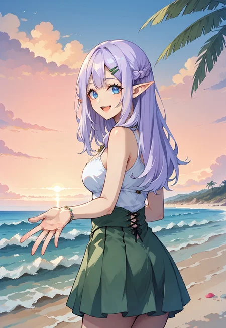 looking at viewer, (watching from behind:1.4), (sideways:1.4), head turned toward the viewer, 1solo, girl, (right arm outstretched toward behind:1.4), RiaINN, light purple hair, long hair, side braid, blue eyes, pointy ears, hairclip, sea, sunset, beach, (left palm along the body:1.3), white dress, green skirt, open-mouth smile, verybadimagenegative_v1.3, neolight, pastel colors, fingers separated
