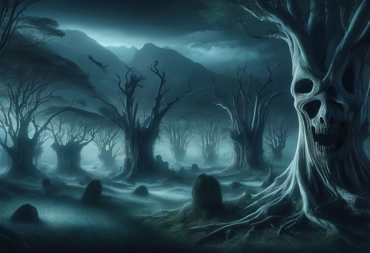 Large valley with dead trees and a mountain in the background, a screaming face carved on a rock, skeleton birds on the trees, night with moonlight, night landscape, cloudy sky, nightscape
