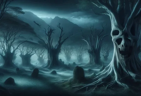Large valley with dead trees and a mountain in the background, a screaming face carved on a rock, skeleton birds on the trees, night with moonlight, night landscape, cloudy sky, nightscape